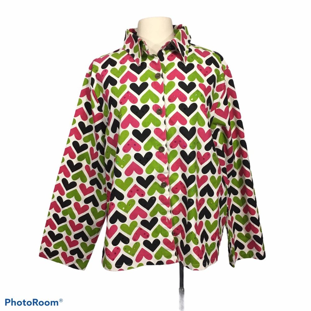 Candy Couture White Green Pink Hearts‎ Denim Shirt